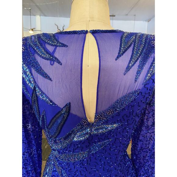 1980s beaded cocktail dress, cobalt blue silk, vintage formal, sheer chiffon, 27 - Picture 8 of 9